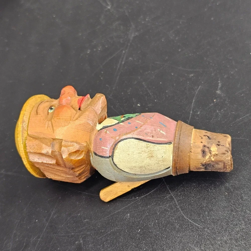 Bottle Stopper 4.25in Vintage Folk Art Carved Jolly Man Lifting Hat black forest